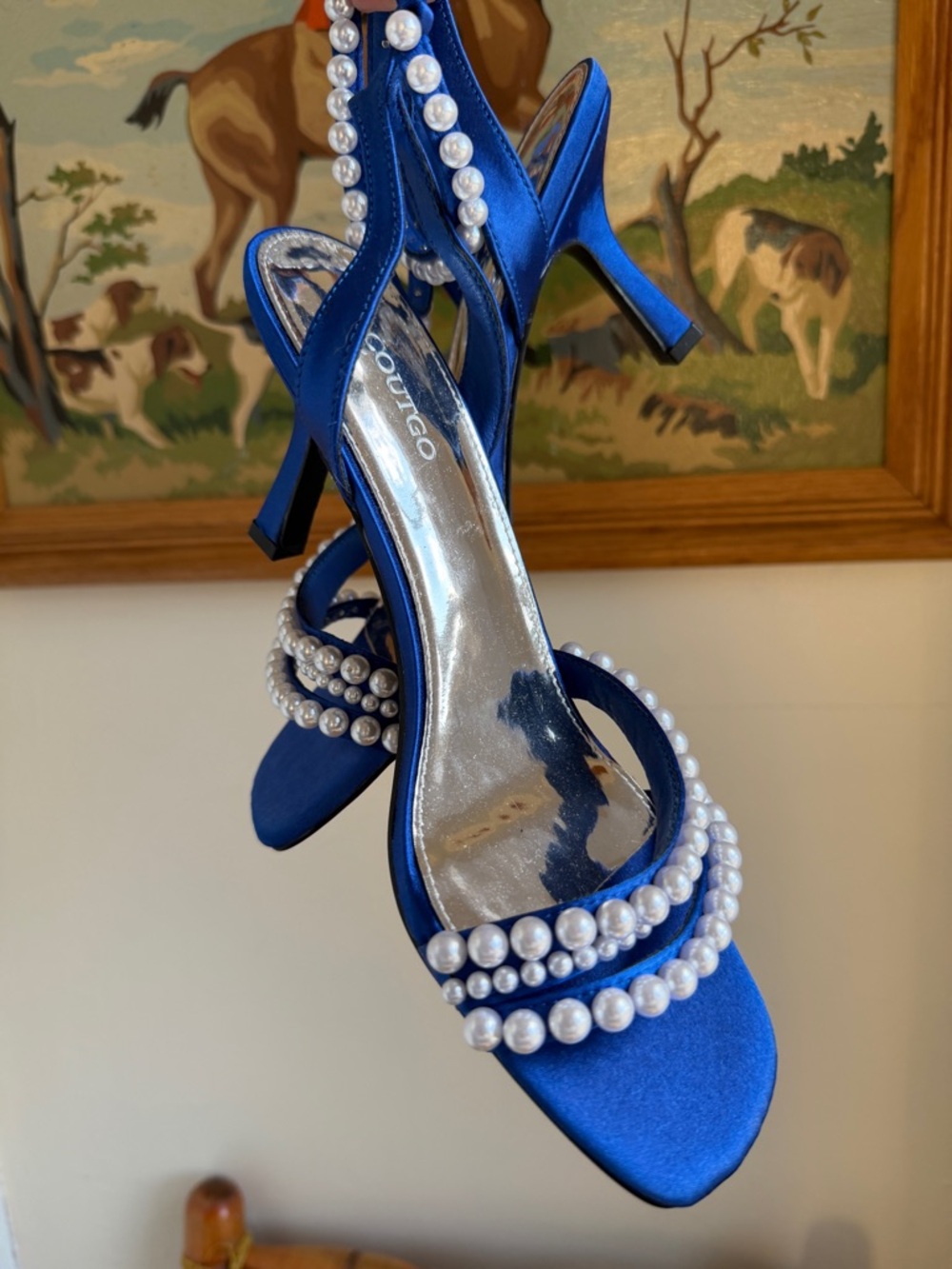NEW Blue Satin Pearl Heels Ankle Strap Dress Sandals Wedding Guest Women Size 7 - Picture 8 of 8